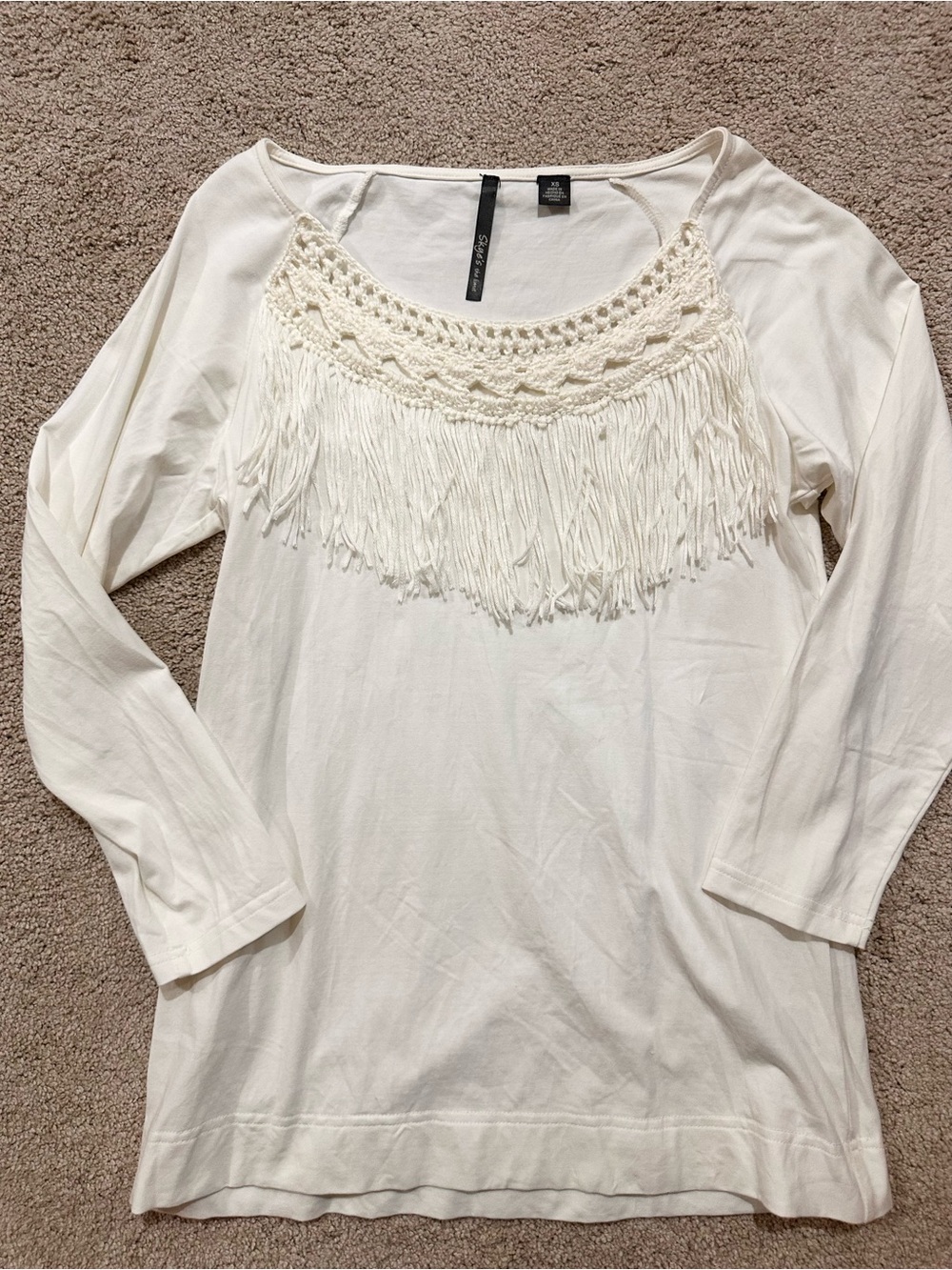 XS Women's Cream Fringe Crochet-Trim Top